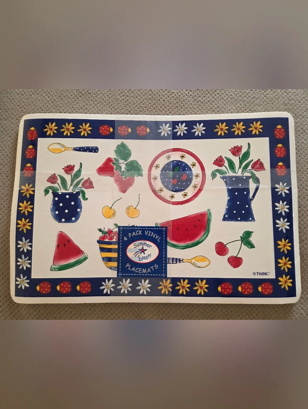 Vintage TH.INC Summer Blast Vinyl Cushion Placemats 4-Pack NIP Defects Retro 90s